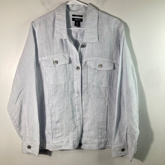Womens Jones & Co Striped Linen Jacket White Blue 1X Linen Pockets - Picture 1 of 10